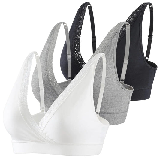 COLOMI Maternity Nursing Bra – Wirefree Cotton Breastfeeding Bralette with Lace (Black, Grey & White)