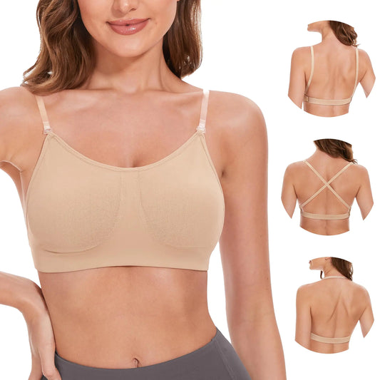 Stelle Women’s Clear Strap Wireless Invisible Dance Bra – Backless Low Back No-Sponge Bra