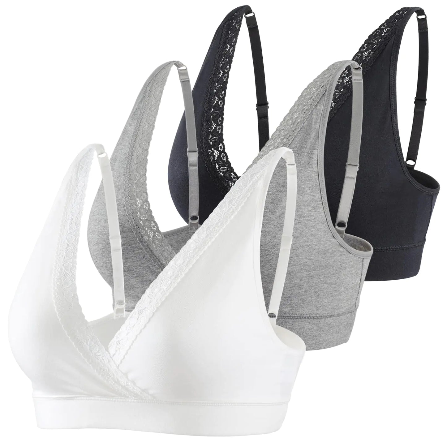 COLOMI Maternity Nursing Bra – Wirefree Cotton Breastfeeding Bralette with Lace (Black, Grey & White)